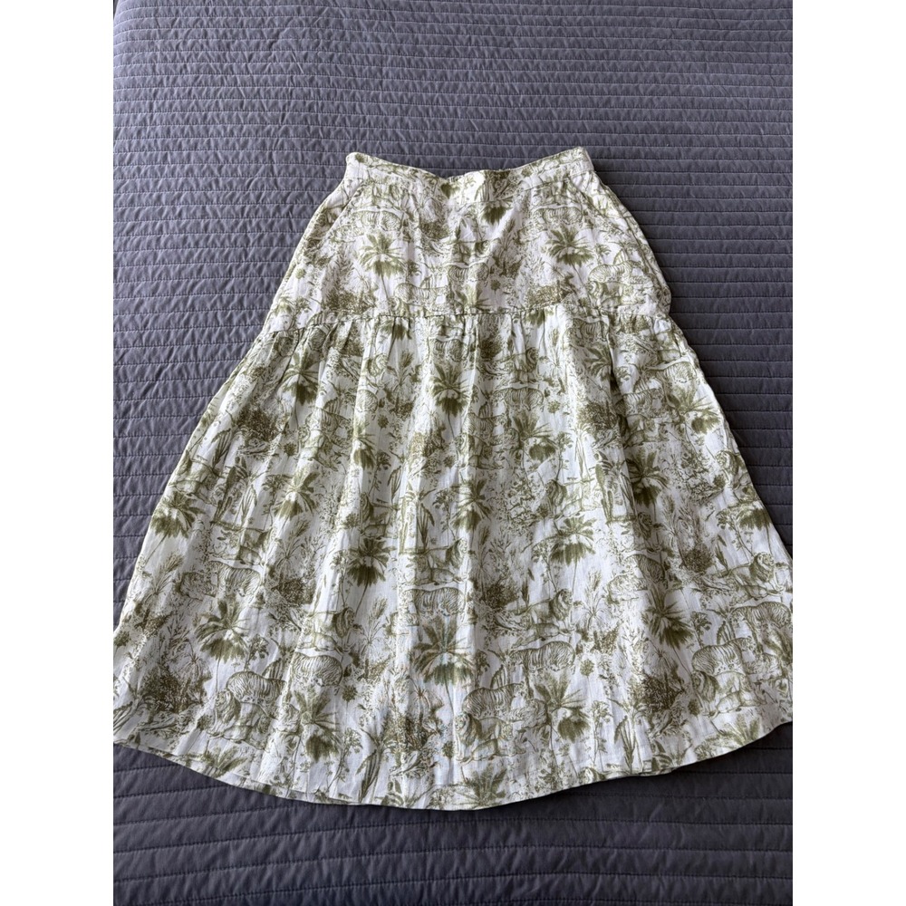 Rachel Zoe Green White Toile Safari Print 100% Linen Midi Skirt Womens Medium - Picture 2 of 9